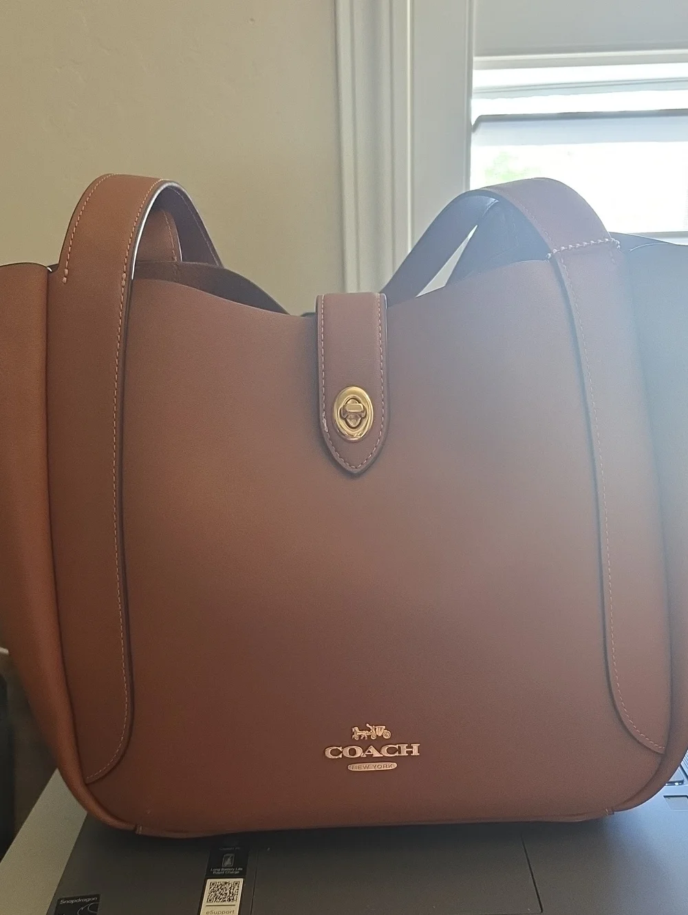Coach Tan Leather Shoulder Tote with Gold Turn-Lock